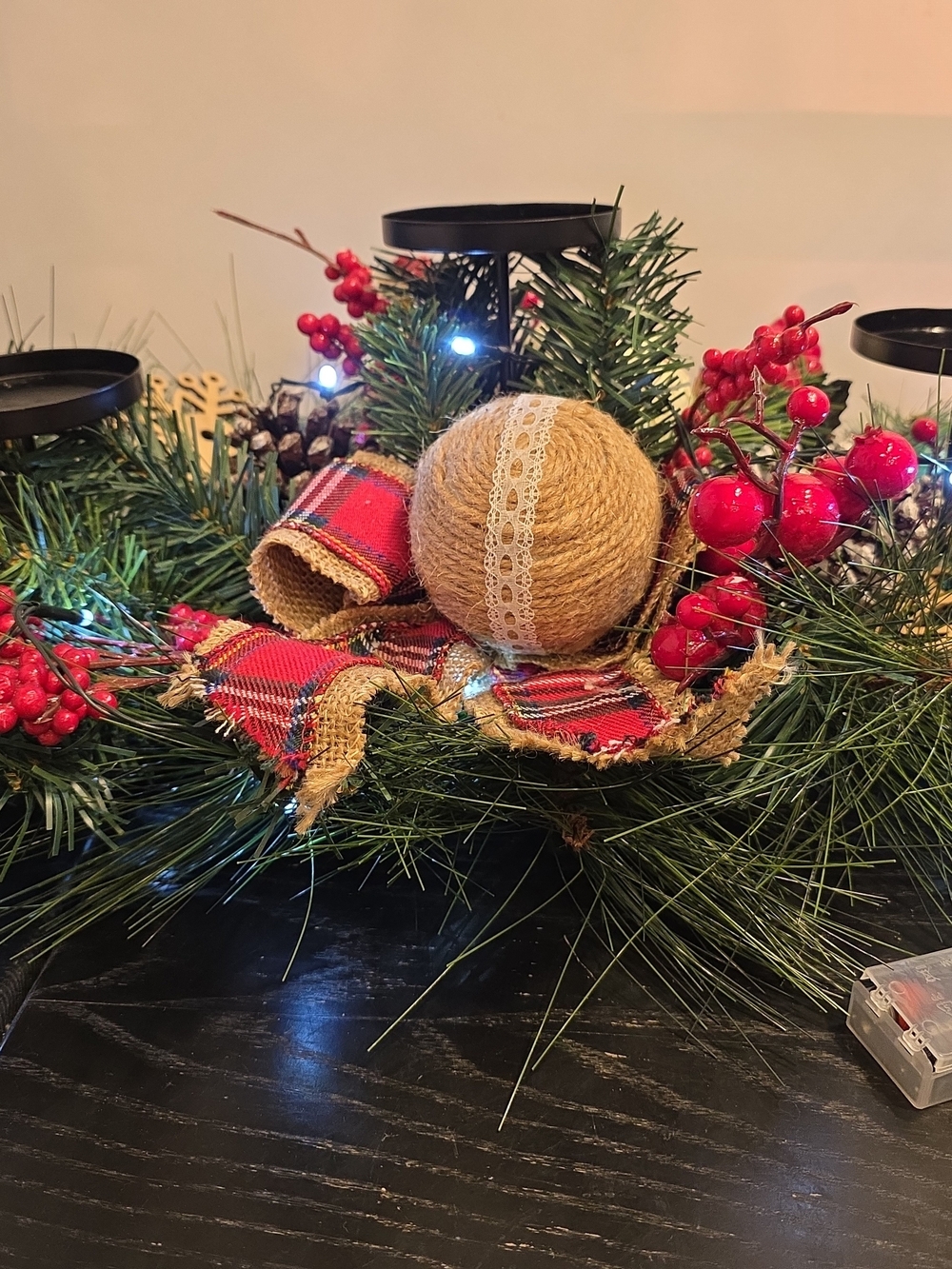 26” Christmas Centerpiece W/Metal Candle Holders, Handmade, Lighted,Burlap,Berry